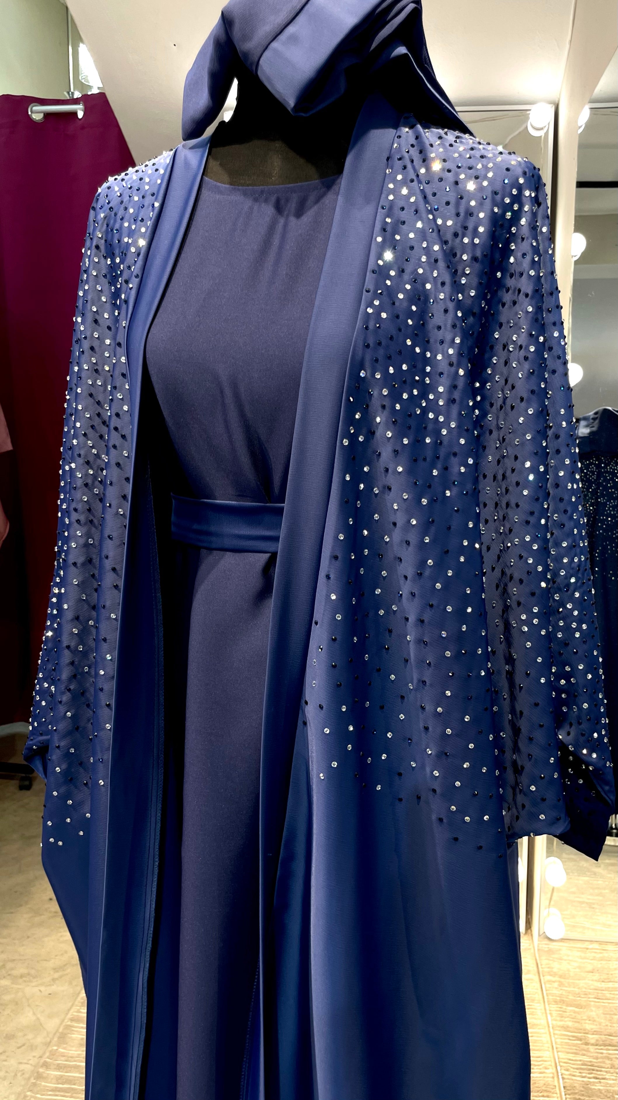 Navy Blue Farasha Robe with full Upper Stone Embellishment and Long-Sleeve Inner