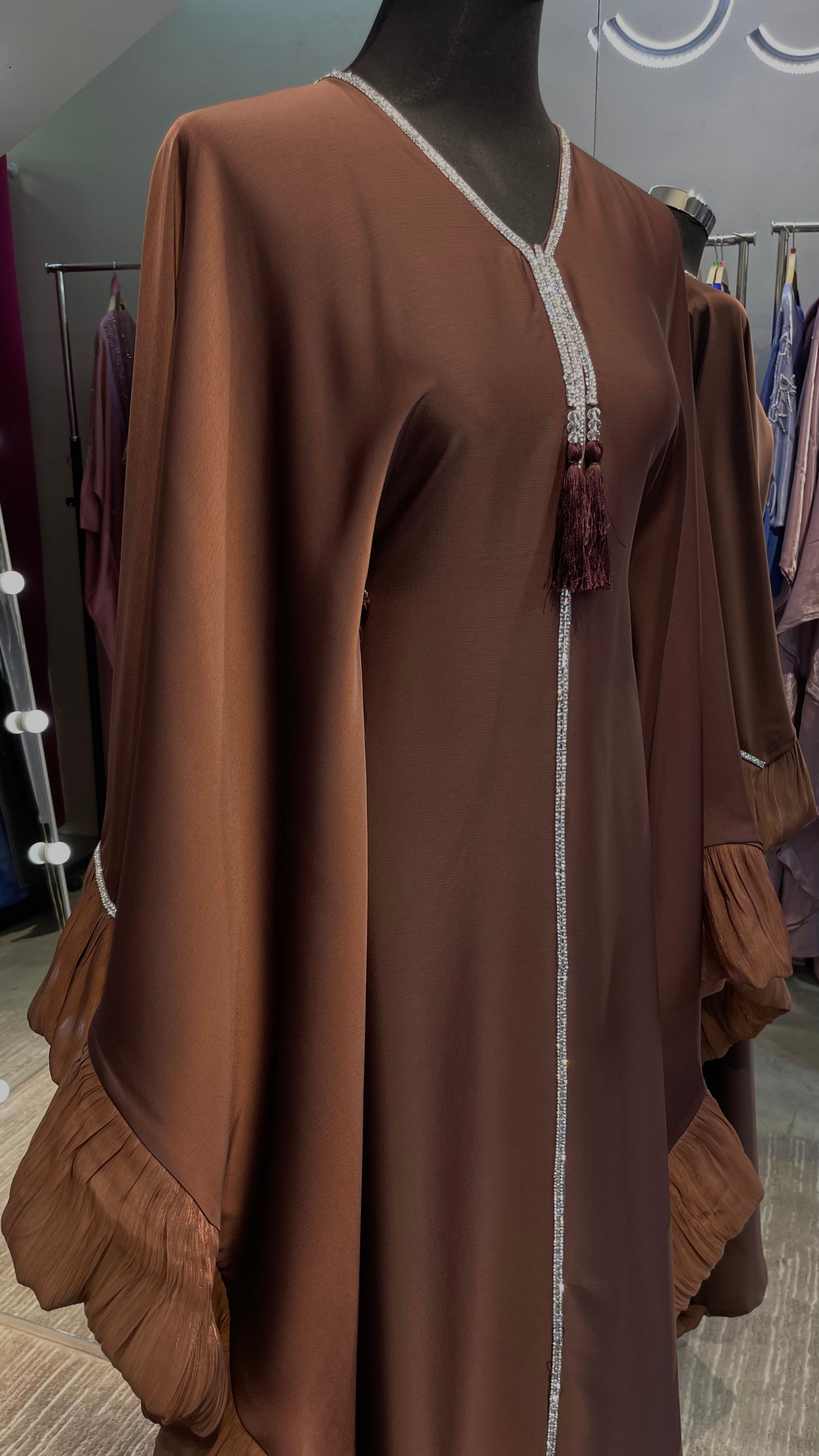 Chocolate Brown Luxurious Nida Farasha Abaya Dress with Pleated Organza accent