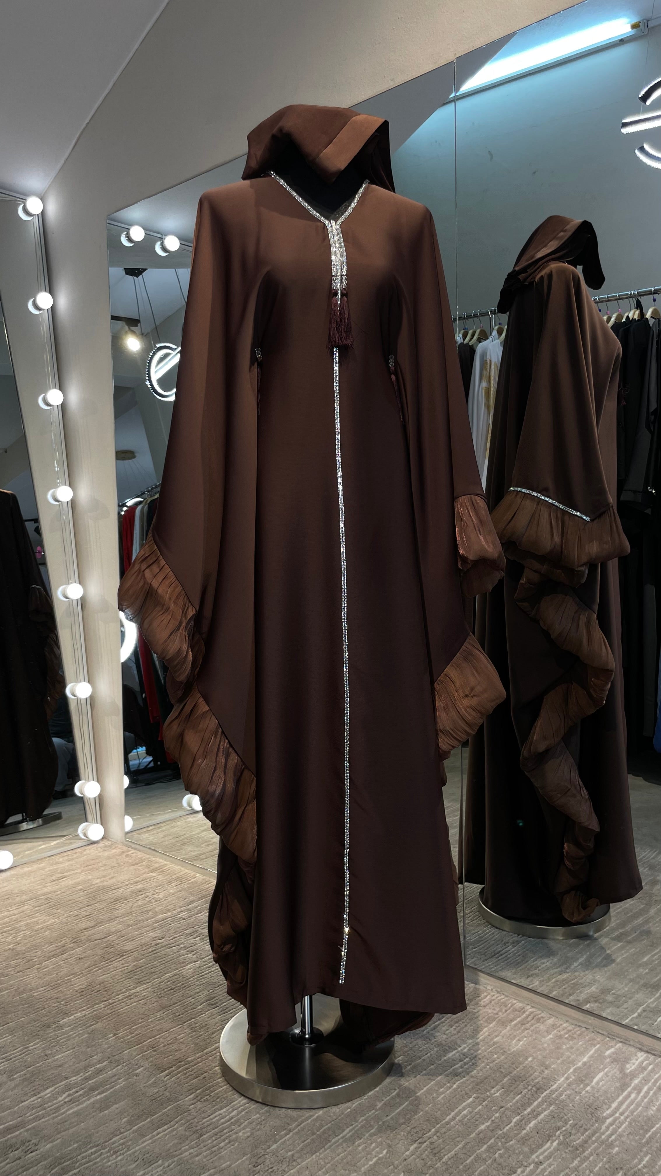 Chocolate Brown Luxurious Nida Farasha Abaya Dress with Pleated Organza accent