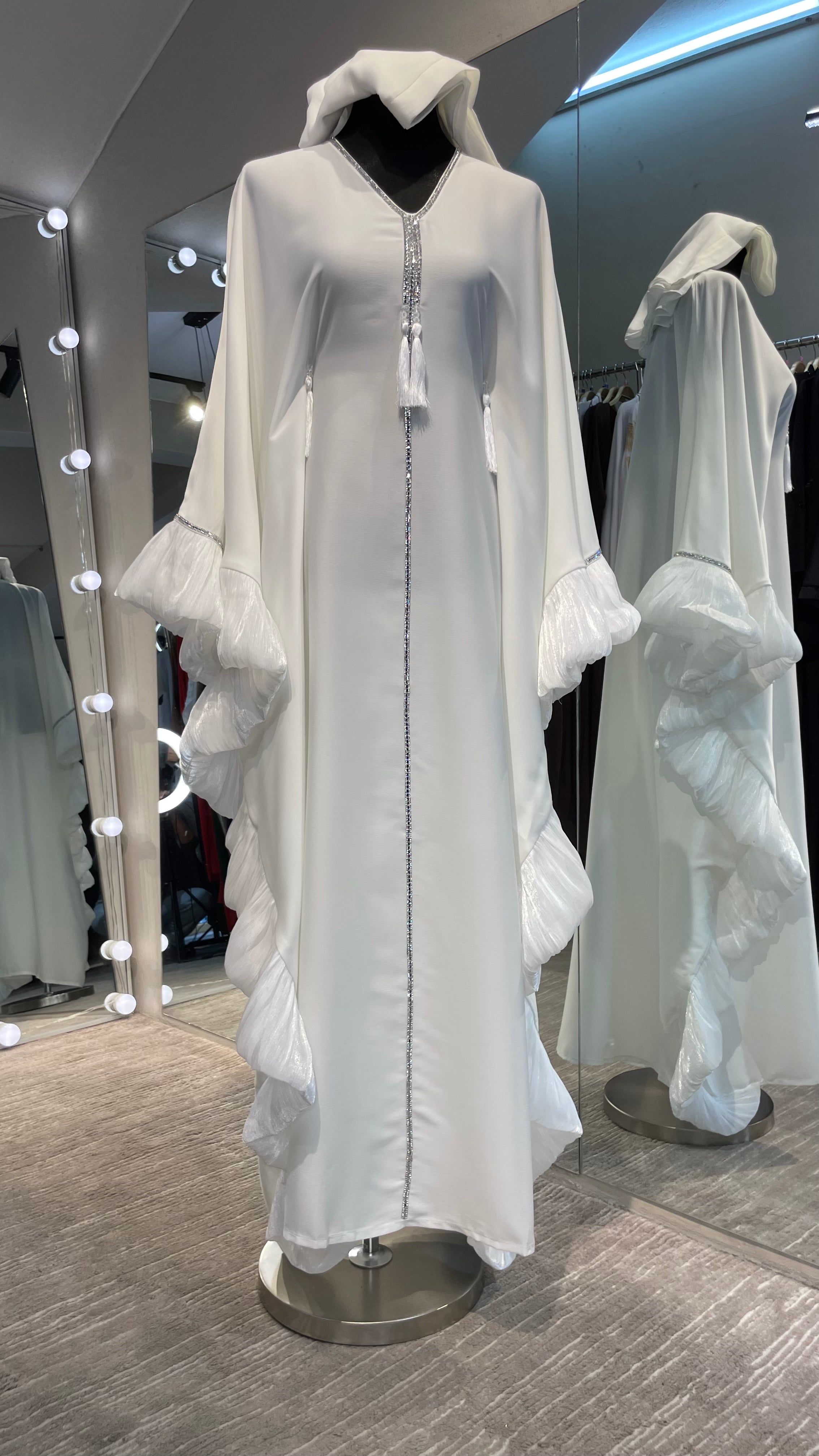 White Luxurious Nida Farasha Abaya Dress with Pleated Organza accent