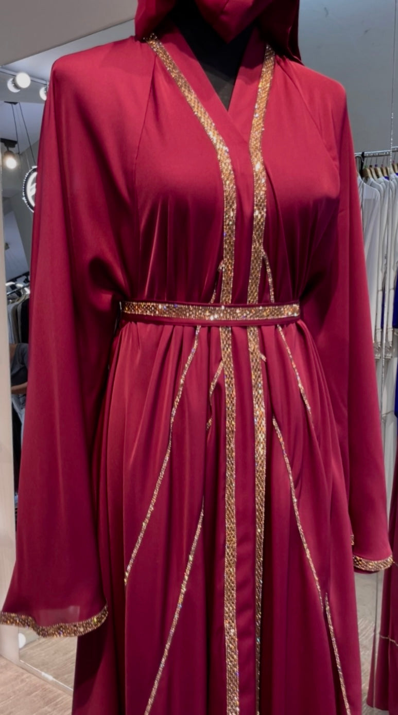 Grenadine Red Elegant Umbrella-Cut Nida Abaya with Gold Stone Lining