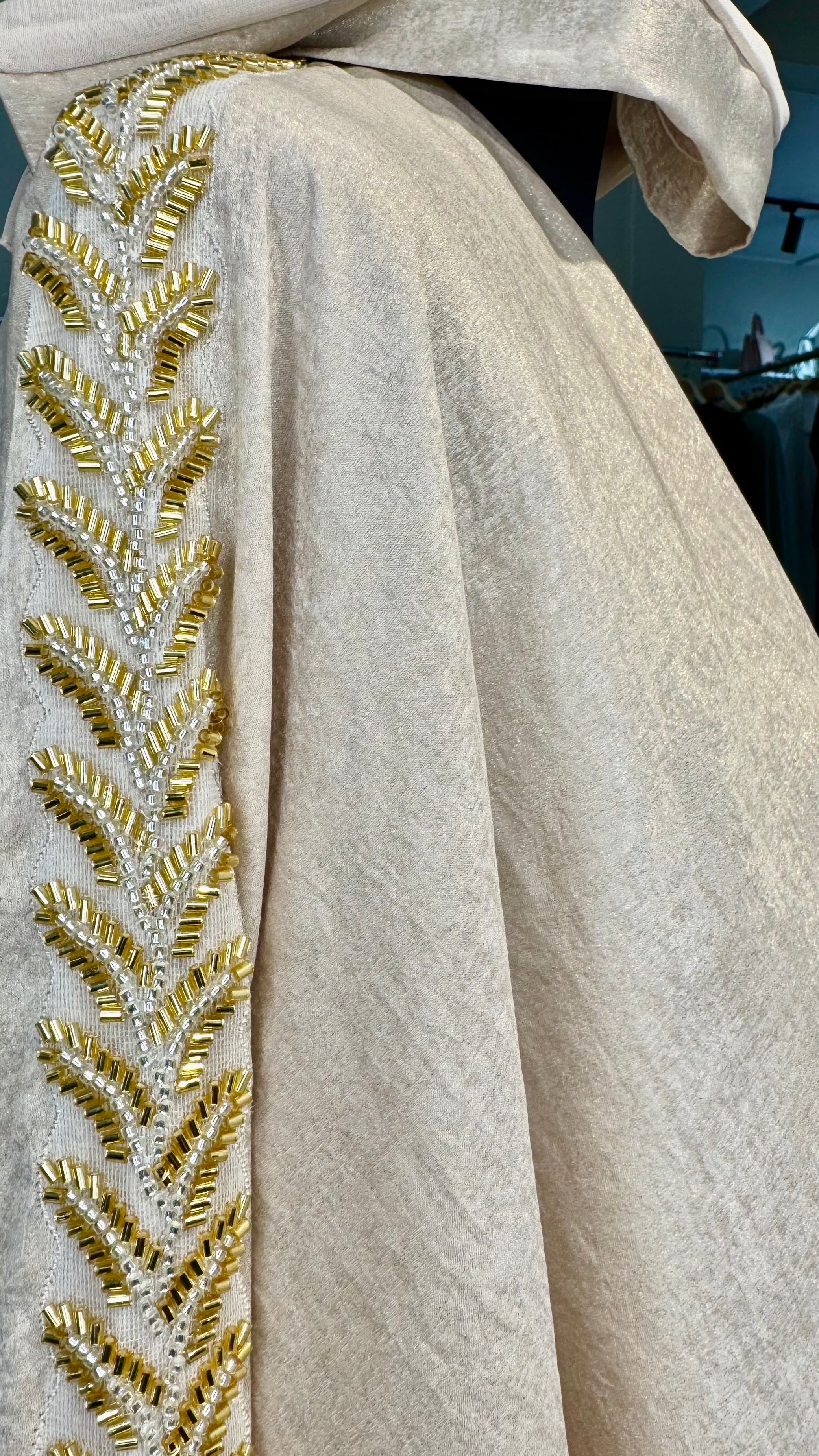Beige Shimmery 4Pcs set Abaya Set with Beadwork