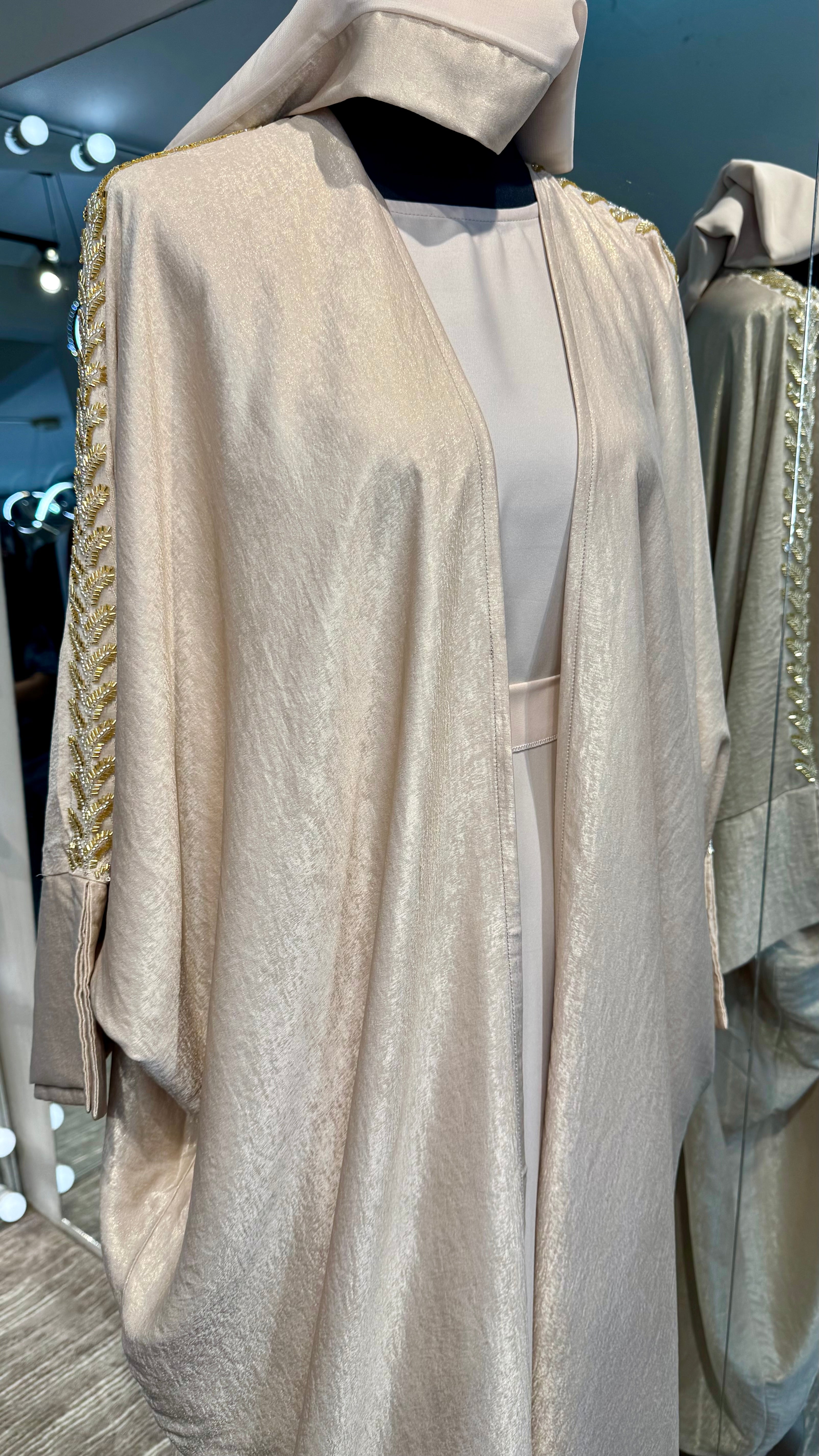 Beige Shimmery 4Pcs set Abaya Set with Beadwork