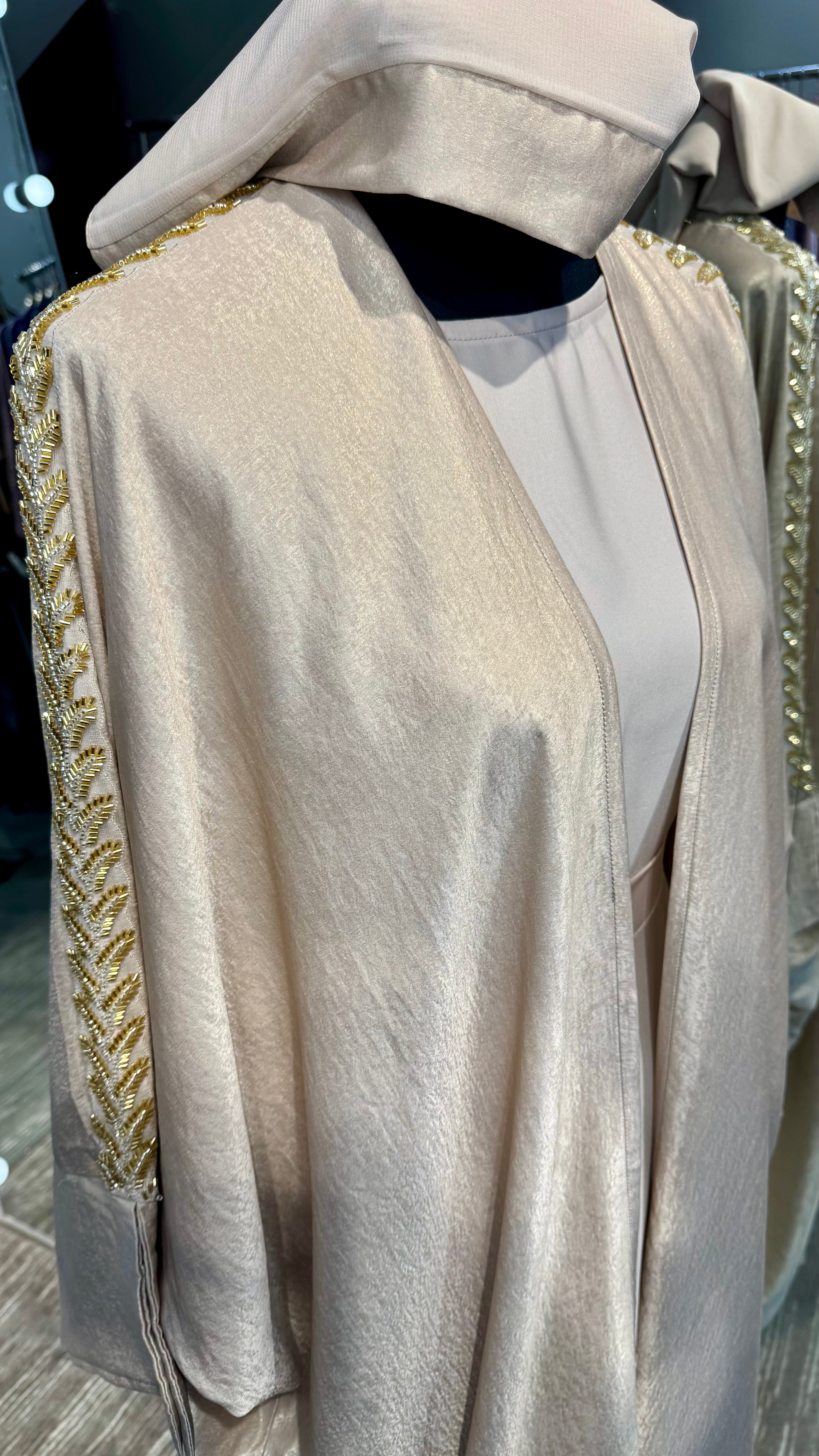 Beige Shimmery 4Pcs set Abaya Set with Beadwork