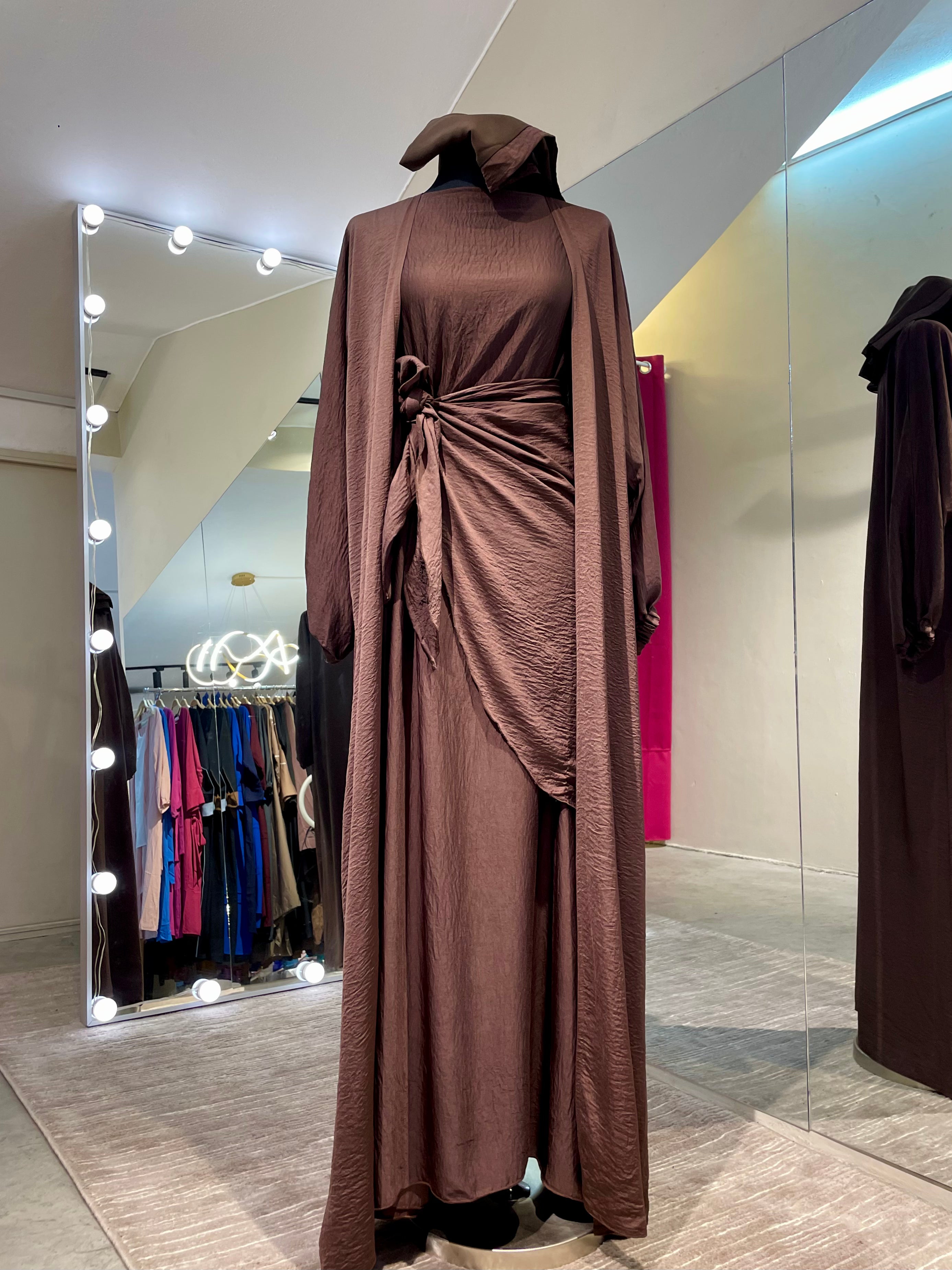 Chocolate Brown Premium Harir Maqsoud Wrap Style Abaya Set