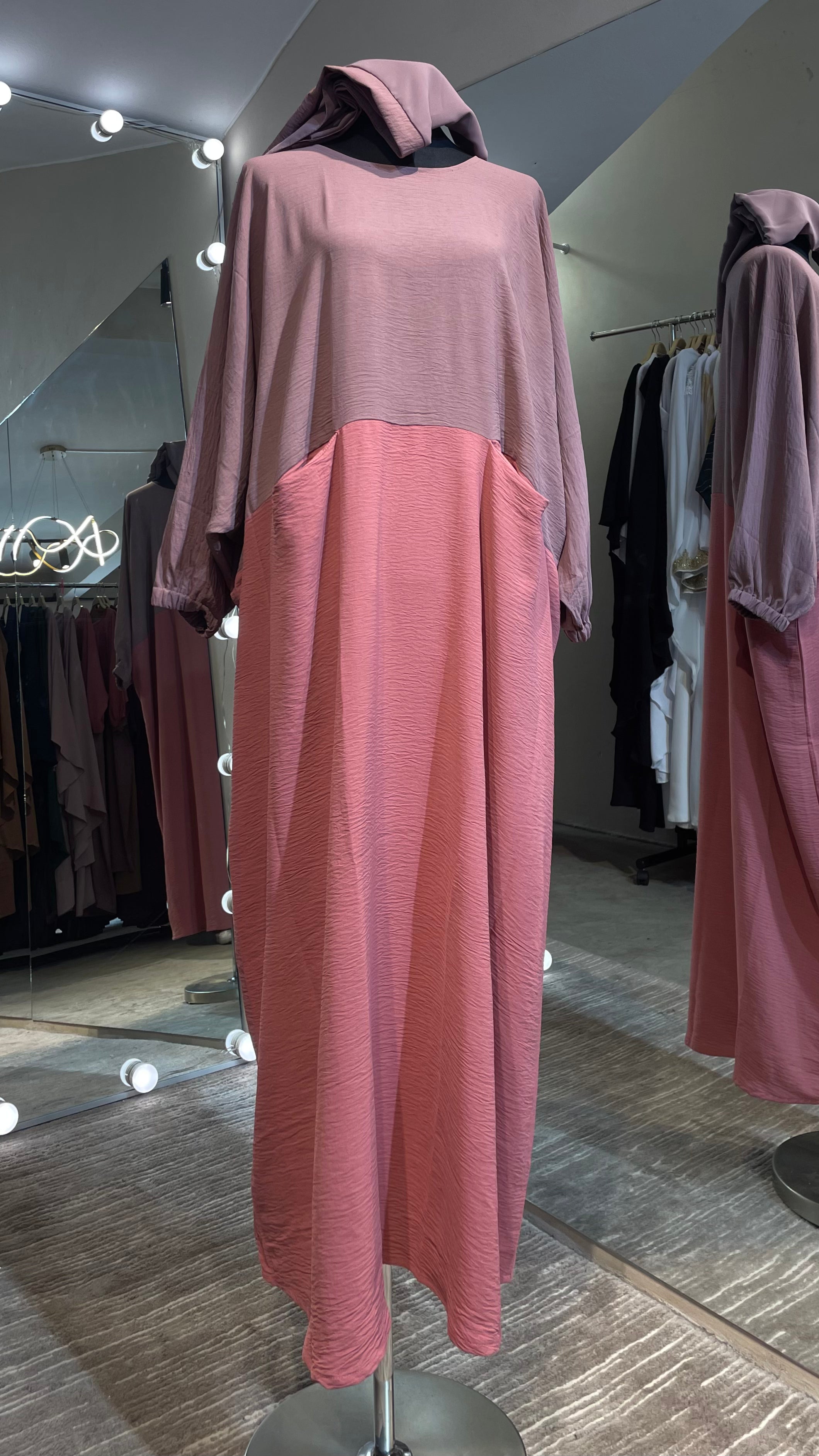 2 Tone Pink Casual Farasha Abaya Dress with Pockets and Matching Hijab