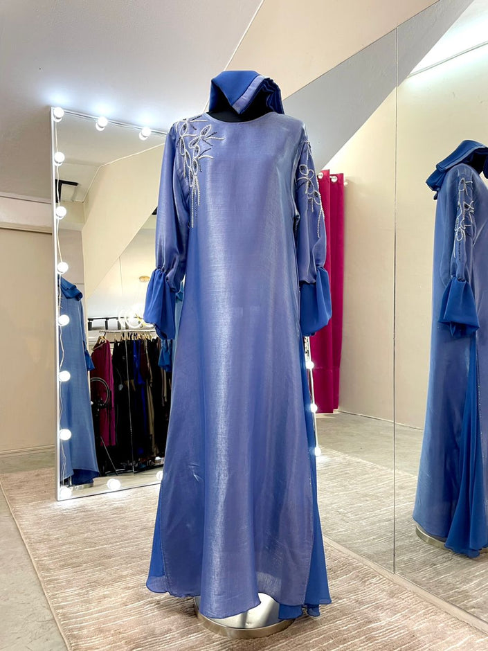 Unique and Exquisite Opaque Organza Abaya Dress decorated with handwork beads and stones and chiffon sides.