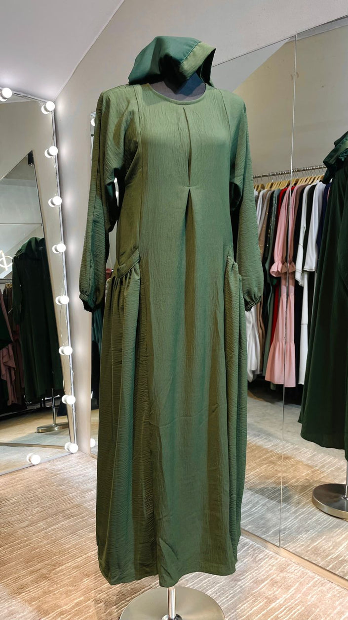 Forest Green Casual  Abaya Dress with Exposed pockets.