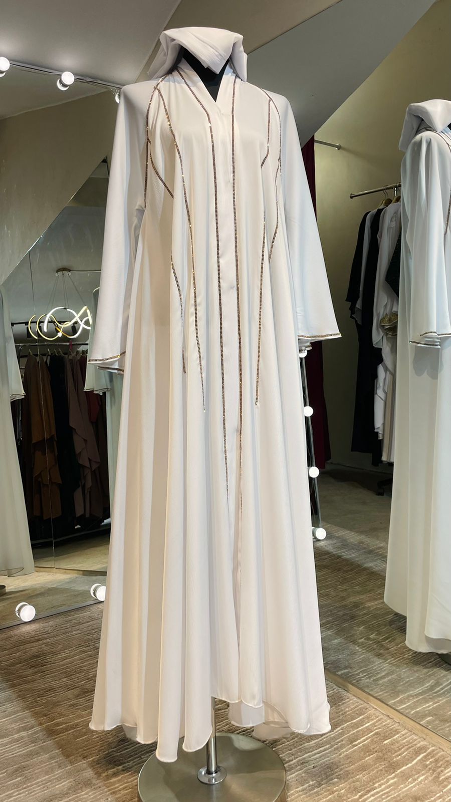 White Luxurious Silky Zoom Abaya with Gold Stone Lining