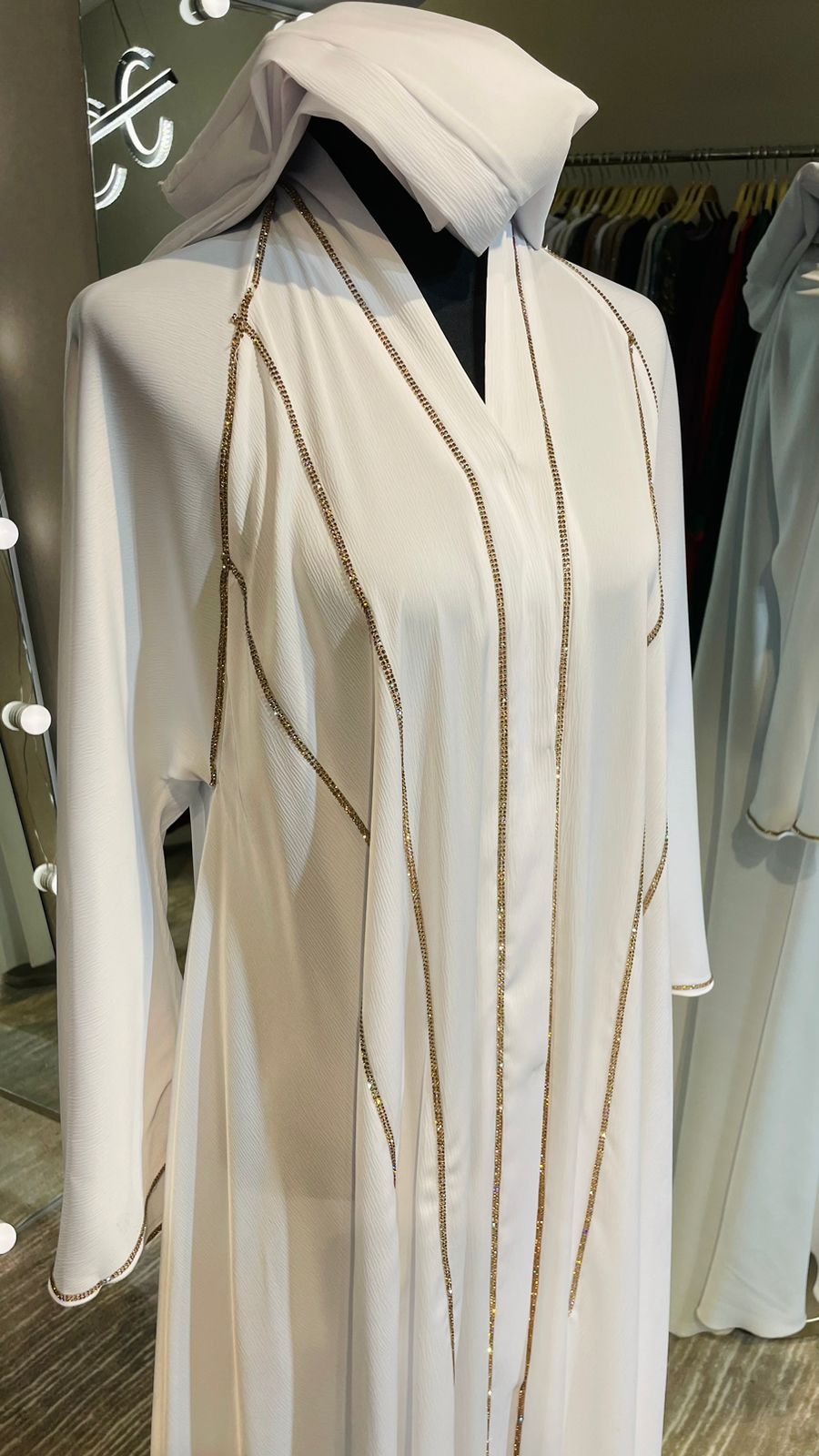 White Luxurious Silky Zoom Abaya with Gold Stone Lining