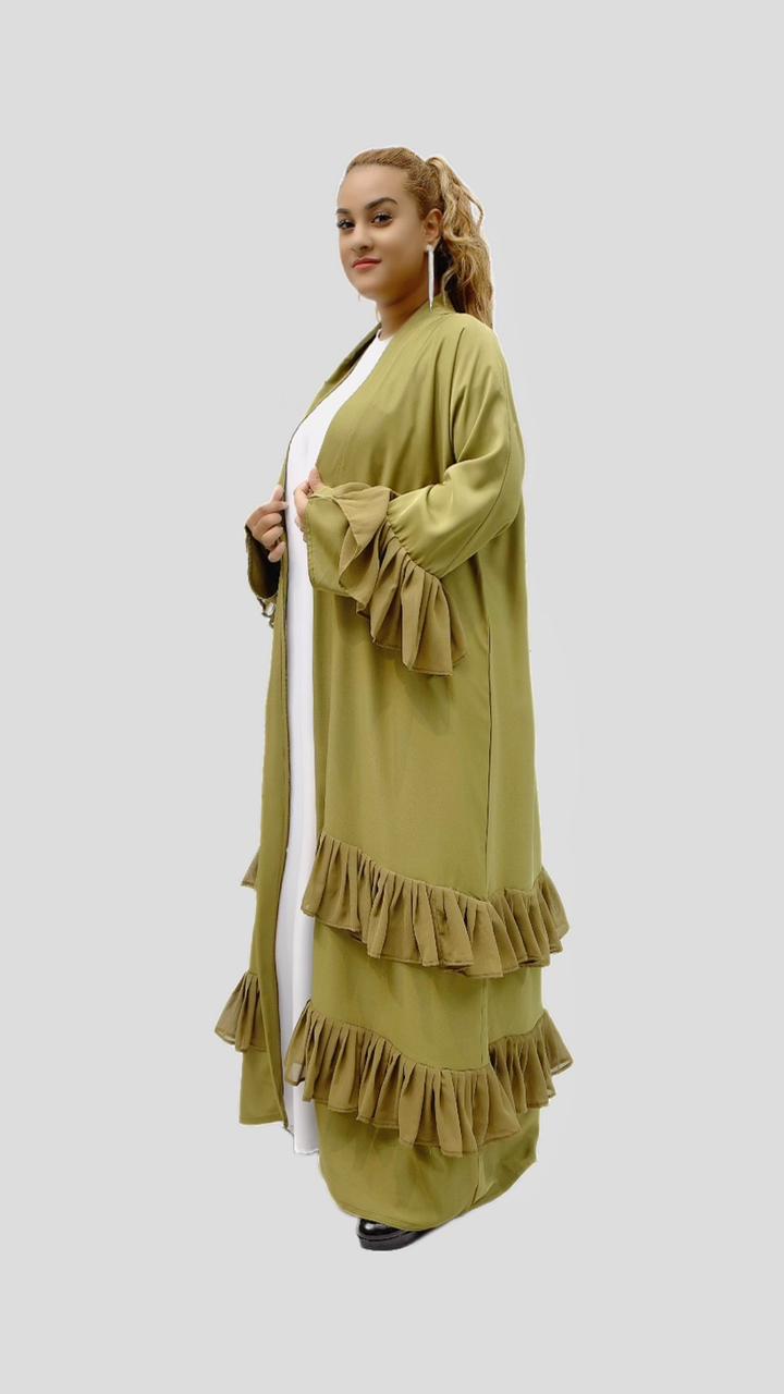 Olive Green Pleated Robe Abaya Dress