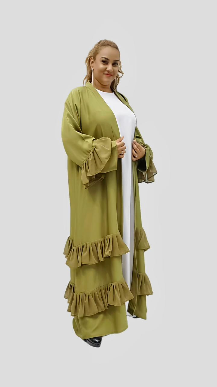 Olive Green Pleated Robe Abaya Dress