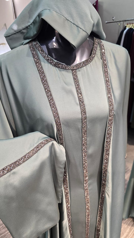 Musk Green Luxurious Satin Robe and Inner Abaya with Stone Lining.