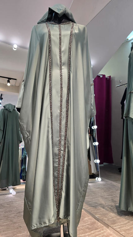 Musk Green Luxurious Satin Robe and Inner Abaya with Stone Lining.