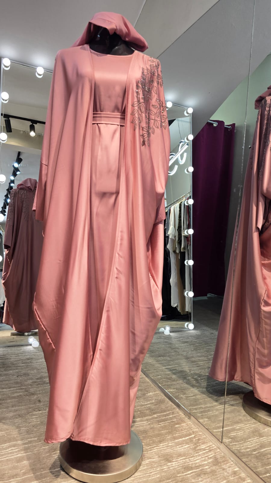 Dusty Pink Luxurious Satin Robe and Inner Abaya with Stone Leafs Embellishment.