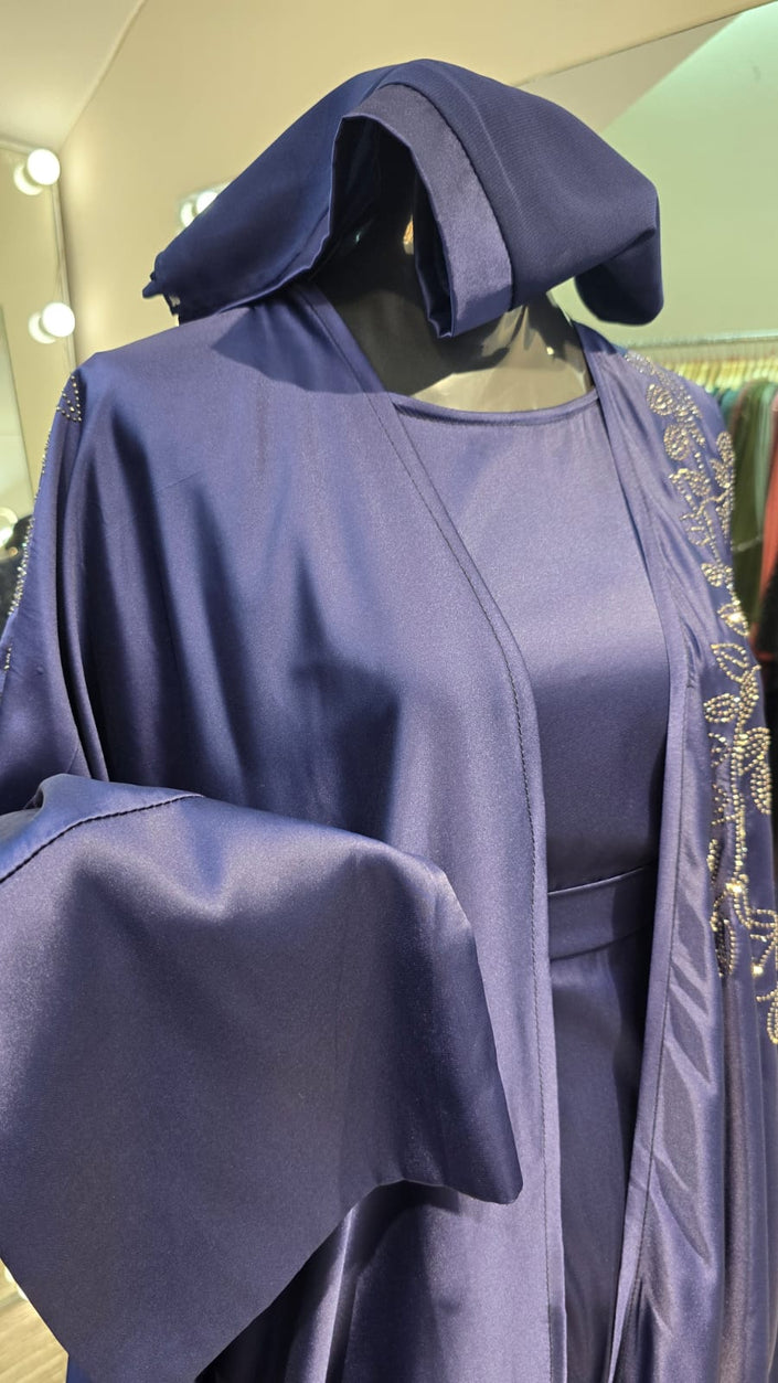 Navy Blue Luxurious Satin Robe and Inner Abaya with Stone Leafs Embellishment.