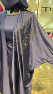 Navy Blue Luxurious Satin Robe and Inner Abaya with Stone Leafs Embellishment.