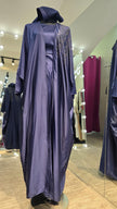 Navy Blue Luxurious Satin Robe and Inner Abaya with Stone Leafs Embellishment.