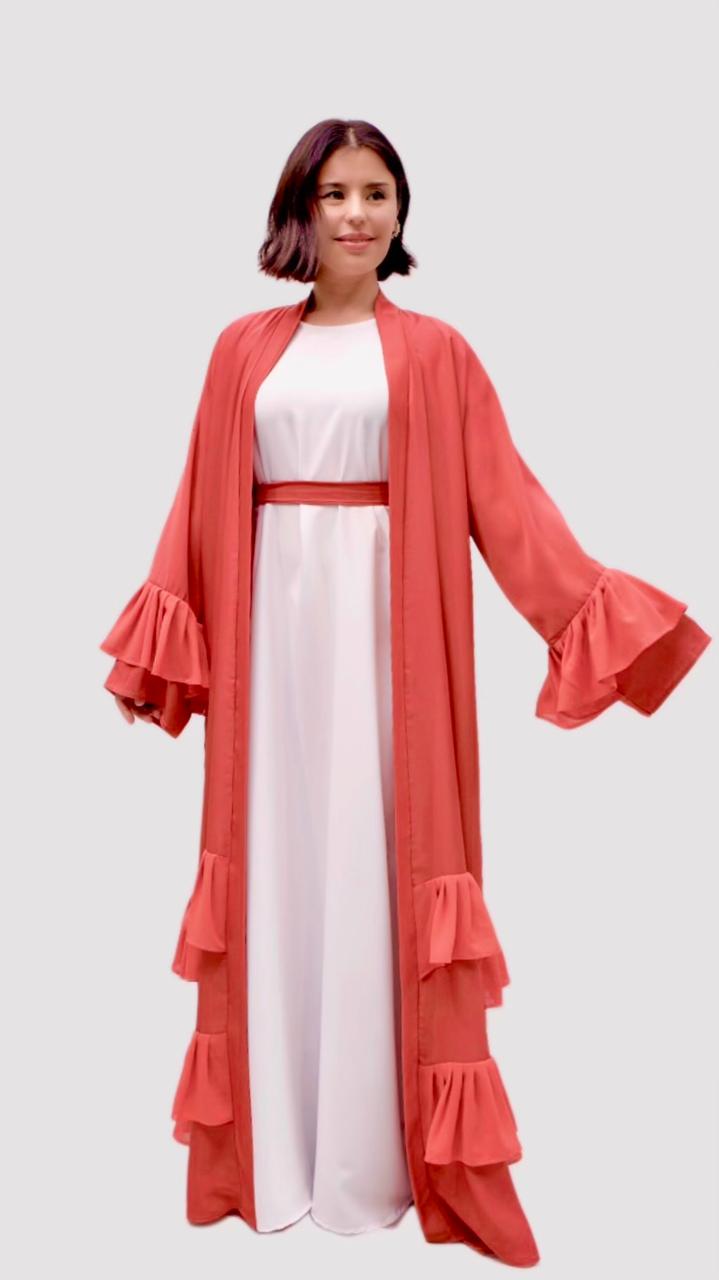 Coral Pleated Robe Abaya Dress