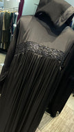 Black Pleated Satin Abaya Dress with Black embellishment.