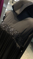 Black Pleated Satin Abaya Dress with Black embellishment.