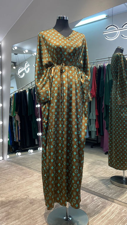 Brown Satin Kaftan with Turquoise pattern Design.