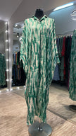 Green & Off White Satin Kaftan with Abstract Design.