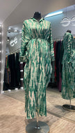 Green & Off White Satin Kaftan with Abstract Design.