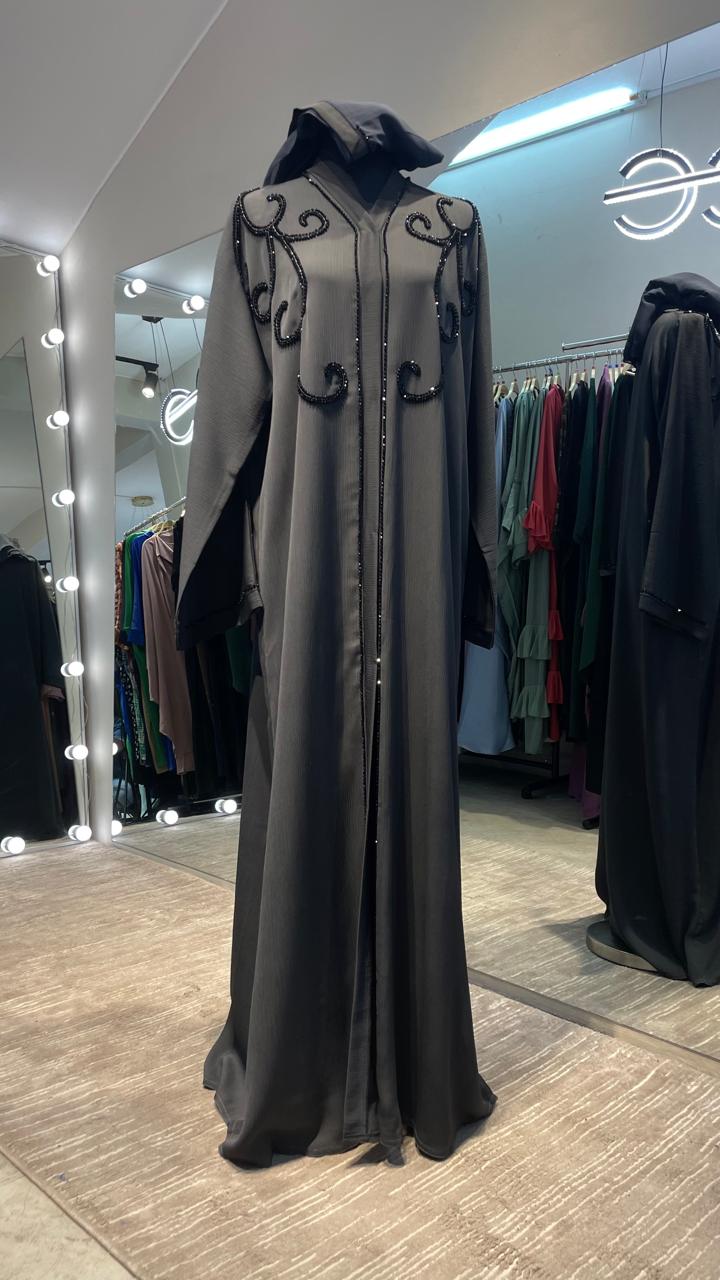 Gray Zoom Abaya embellished with Beads on the chest