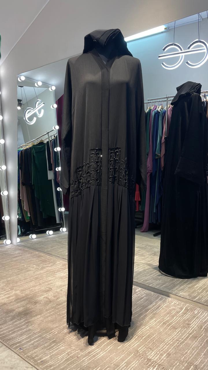 Black Zoom Abaya With Pleated and Beads design.