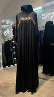 Black Pleated Satin Abaya Dress with gold embellishment.