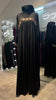 Black Pleated Satin Abaya Dress with gold embellishment.