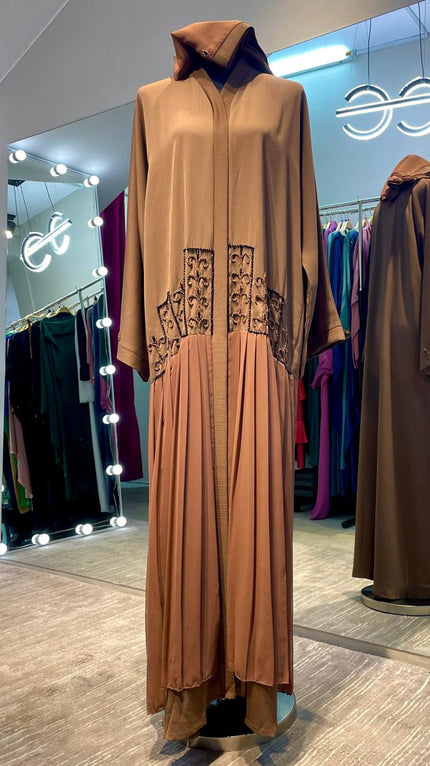 Brown Zoom Abaya With Pleated and Beads design.