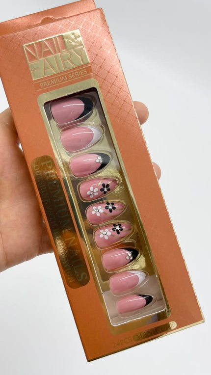 Pink and Black &White Design Press on Nails with Stone.