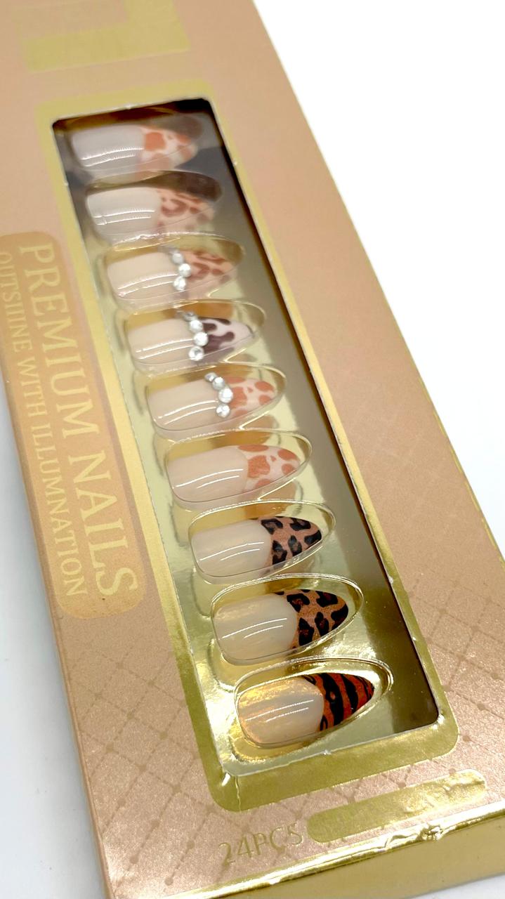 Beige Tiger Print Press on Nails with stone design.