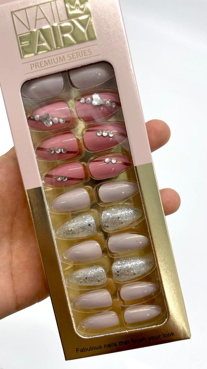 Pink & Silver Design Press on Nails with Stone.