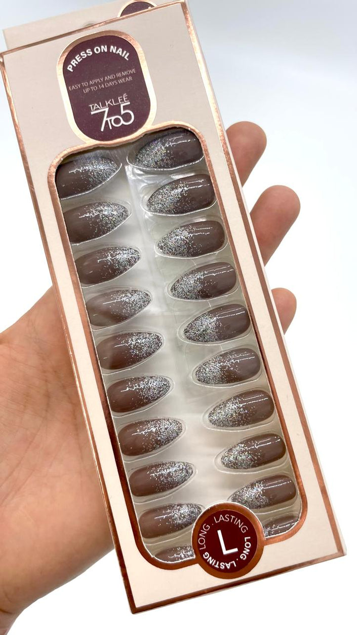 Mocha With Silver Glitter design press on nails.