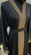 Black Wide cut Abaya Embellished with Brown Lace and Rhinestones