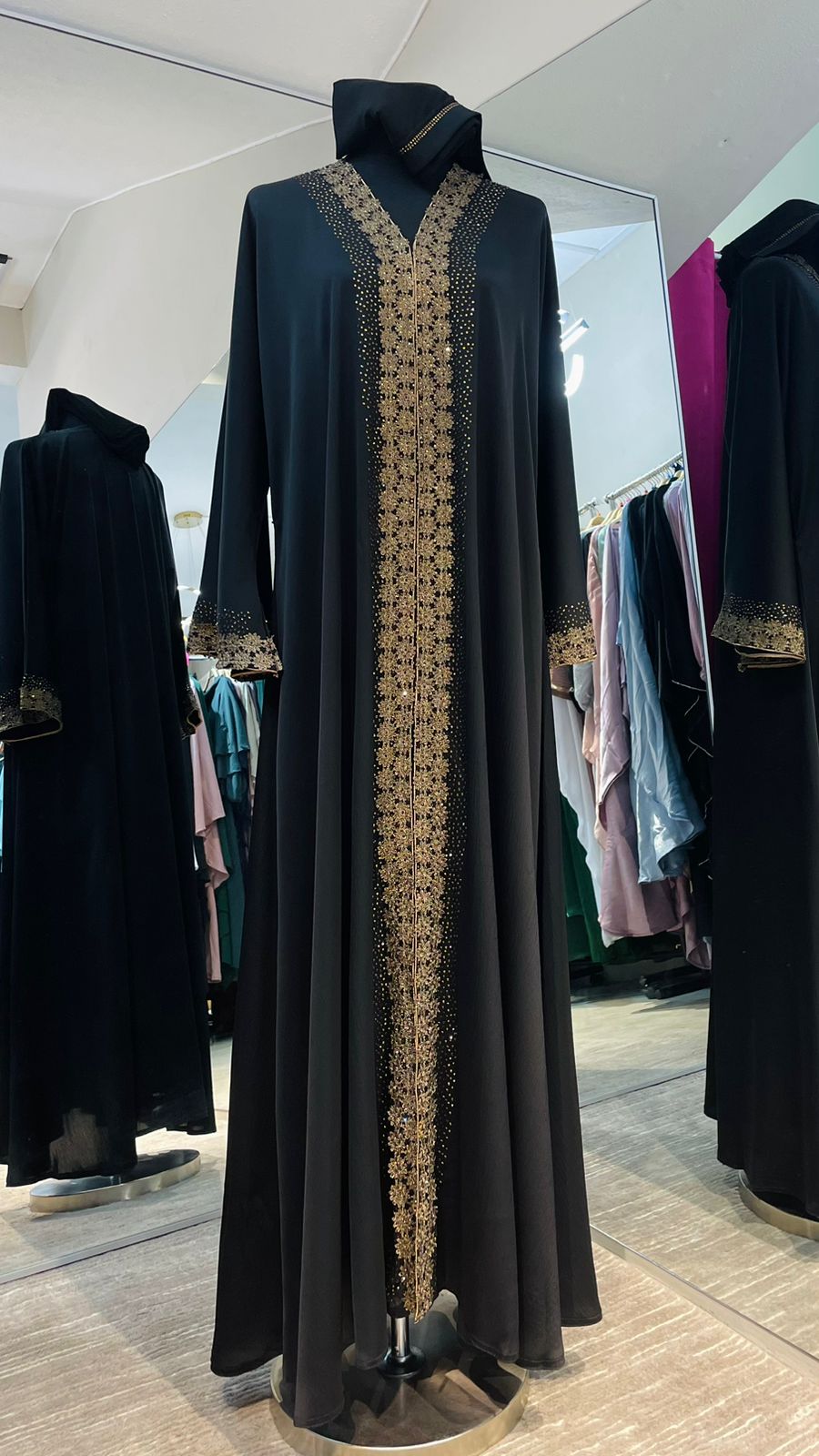 Black Wide cut Abaya Embellished with Brown Lace and Rhinestones