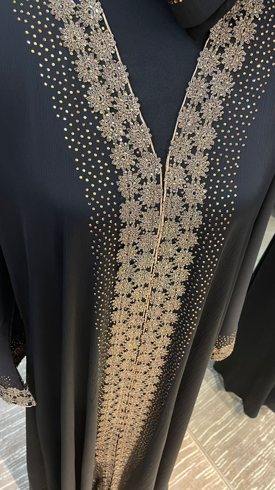 Black Wide cut Abaya Embellished with Brown Lace and Rhinestones