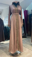 Cacao Brown Wide cut Abaya Embellished with Brown Lace and Rhinestones