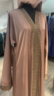 Cacao Brown Wide cut Abaya Embellished with Brown Lace and Rhinestones