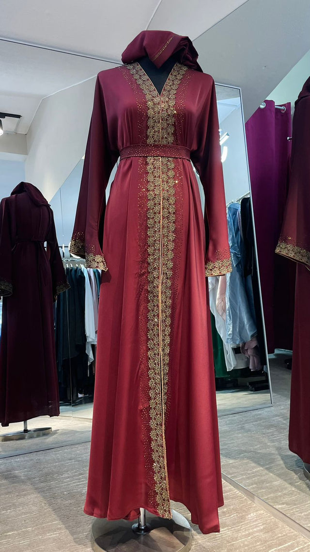 Maroon Red Wide cut Abaya Embellished with Brown Lace and Rhinestones