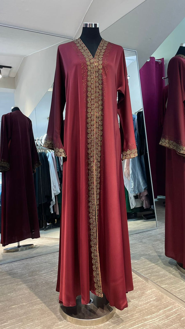 Maroon Red Wide cut Abaya Embellished with Brown Lace and Rhinestones