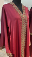 Maroon Red Wide cut Abaya Embellished with Brown Lace and Rhinestones