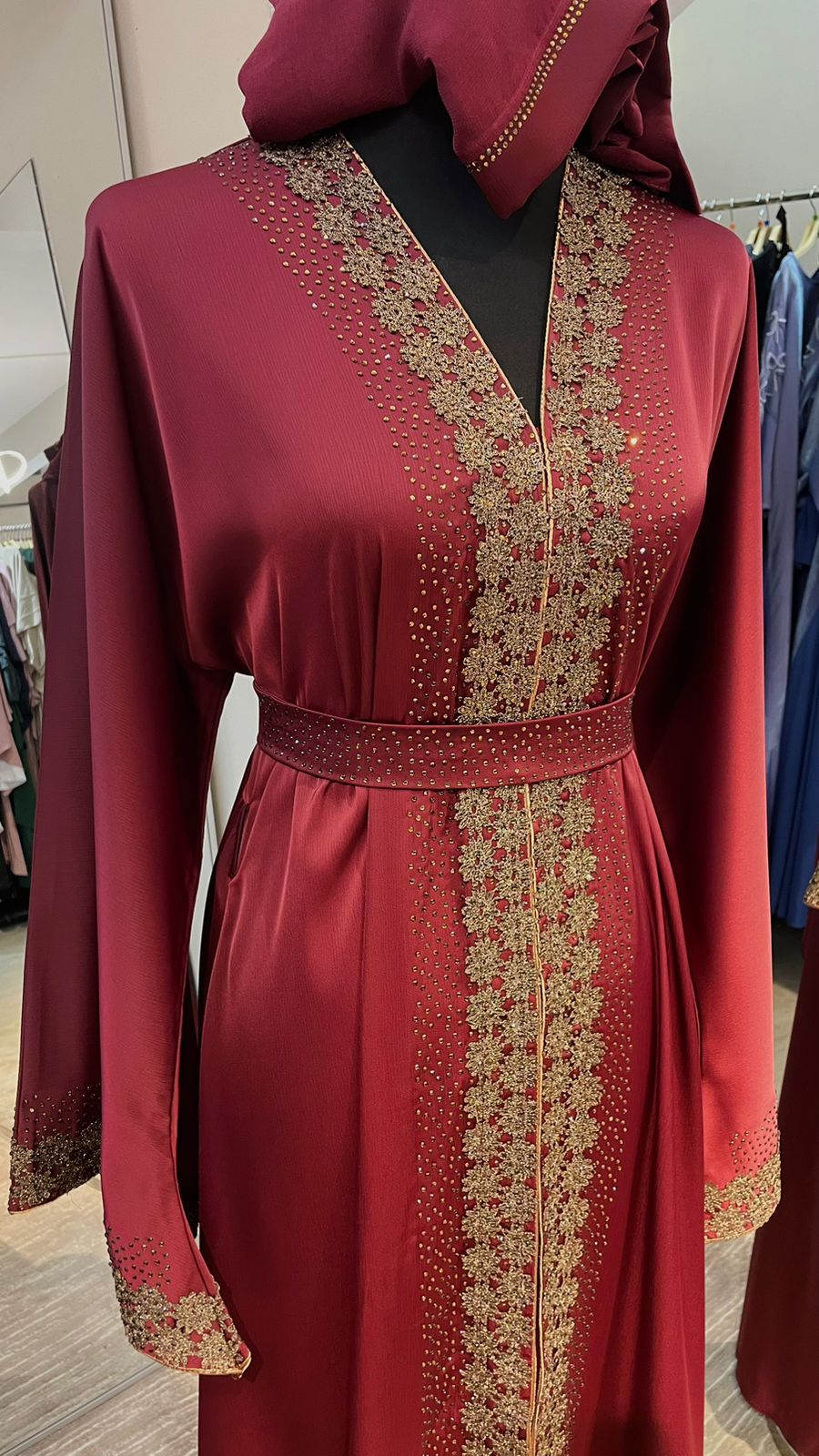 Maroon Red Wide cut Abaya Embellished with Brown Lace and Rhinestones