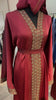 Maroon Red Wide cut Abaya Embellished with Brown Lace and Rhinestones