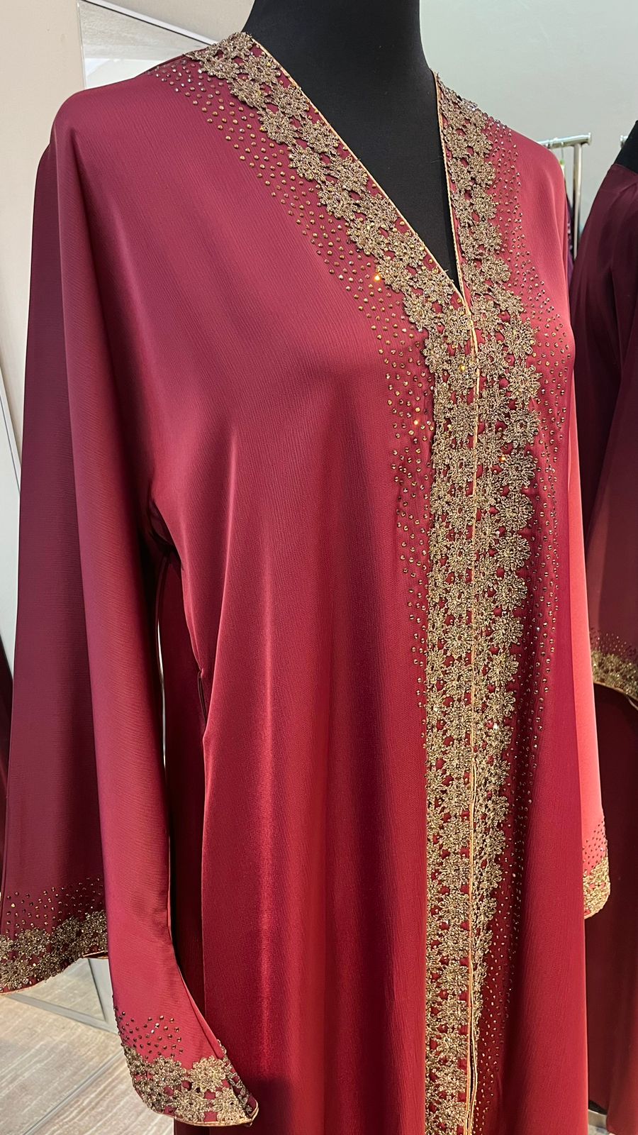 Maroon Red Wide cut Abaya Embellished with Brown Lace and Rhinestones