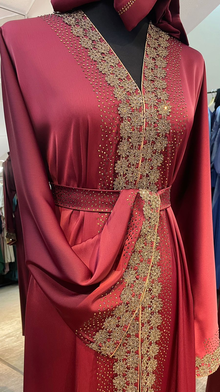 Maroon Red Wide cut Abaya Embellished with Brown Lace and Rhinestones