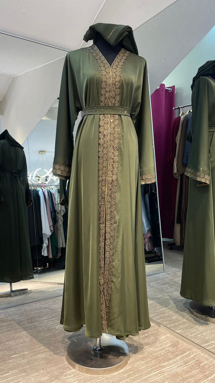 Olive Green Wide cut Abaya Embellished with Brown Lace and Rhinestones